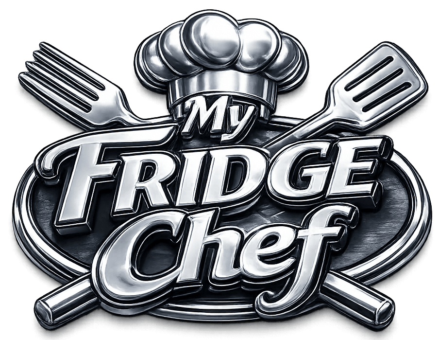 My Fridge Chef logo - metallic looking logo with fork and a spatula